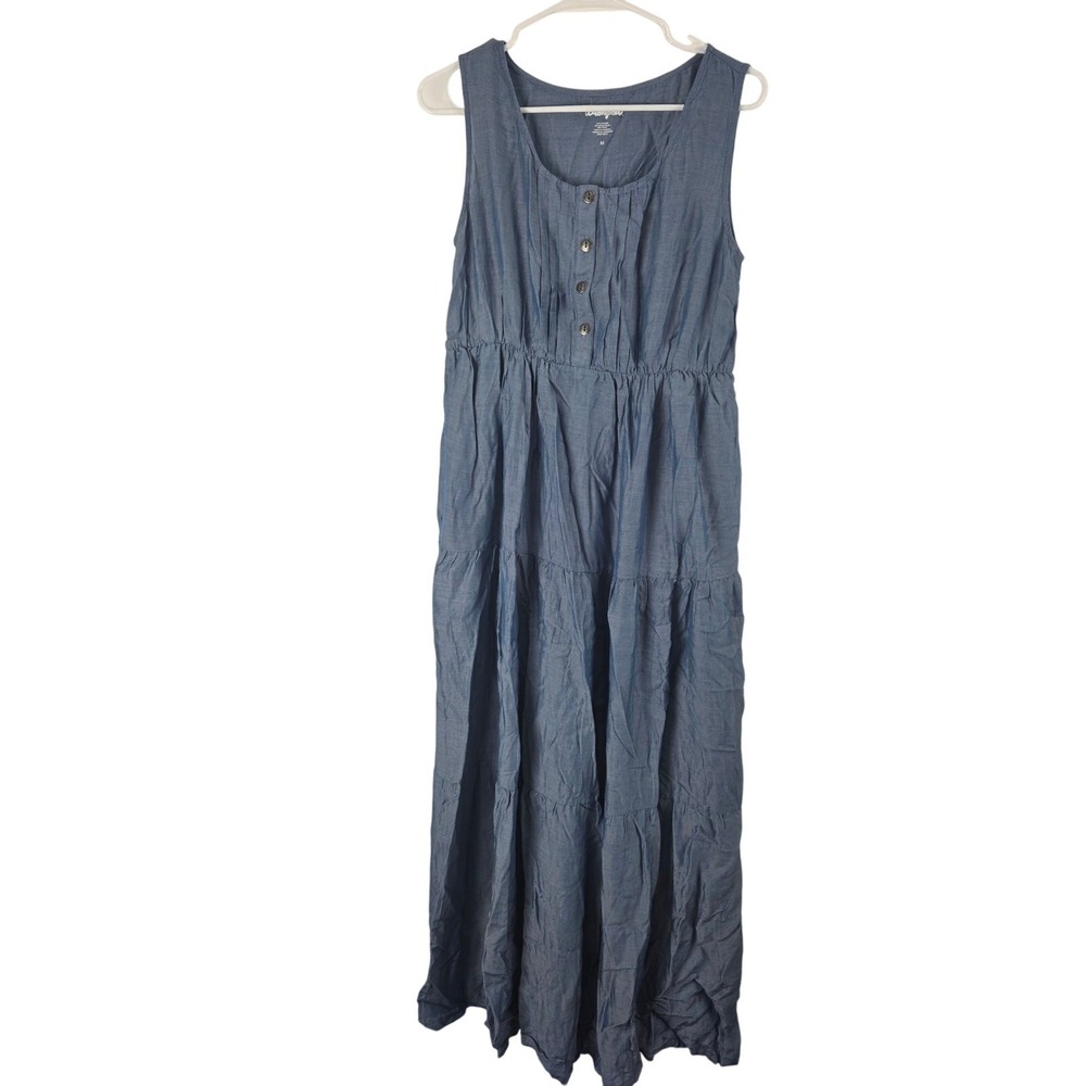 Wrangler Tiered Maxi Dress M Womens Blue Western Cottage Core Sleeveless Flowy
